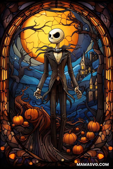 Stained Glass Jack Skellington Design Nightmare Before Christmas Stained Glass Art, Adult Diy Crafts, Jack And Sally Wallpaper, Jack Skellington Art, Jack Skellington Wallpaper, Halloween Imagenes, Nightmare Before Christmas Images, Nightmare Before Christmas Pictures, Art Kits For Adults