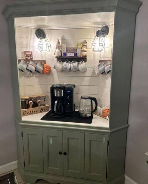 Coffee Bar Hutch, Bars Ideas, Coffee Mornings, Coffee Cabinet, Space Coffee, Coffee Inspiration, Coffee Bar Station, Diy Coffee Bar, Farmhouse Coffee Bar