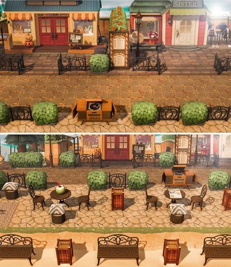 Acnh Resident Home Layout, Shopping Center Animal Crossing, Shopping Center Acnh, Acnh Shopping District Ideas Cottagecore, Acnh Shopping Area Ideas, Acnh Museum Exterior, Acnh Shopping District, Acnh Shopping District Ideas, Animal Crossing Museum