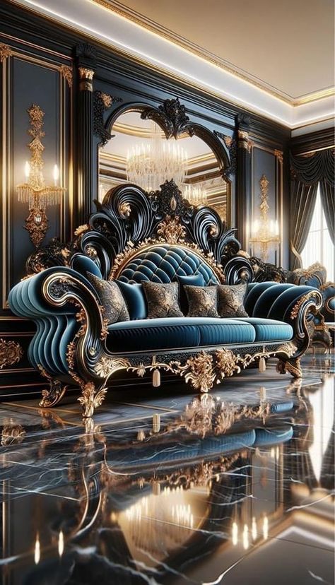 Royal Furniture Living Rooms, Royal Blue Velvet Sofa, Royal Sofa Design, Royal Luxury Bedroom Design, Black Furniture Sets, Living Room Indian, Royal Sofa, Front Room Decor, Comfortable Bedroom Decor