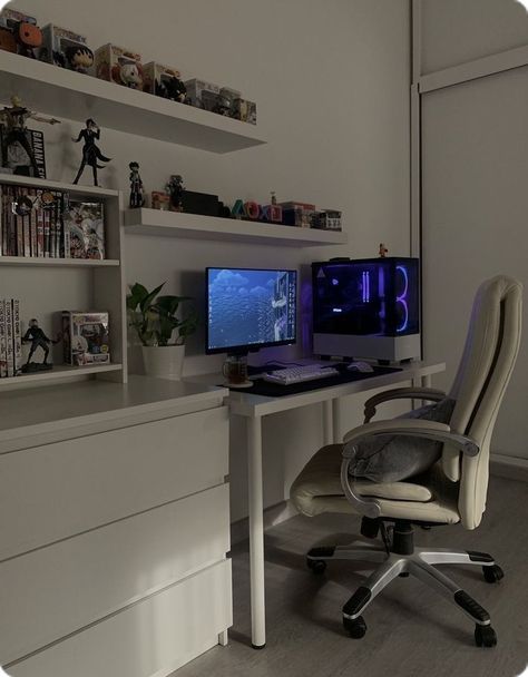 Minimalistic Gamer Room, Pc Gaming Setup Minimalist, Minimalistic Pc Setup, Vanity And Pc Setup, Gamer Chair Aesthetic, Simple Gaming Setup, White Gaming Setup, 40 Gifts, Branding Tools