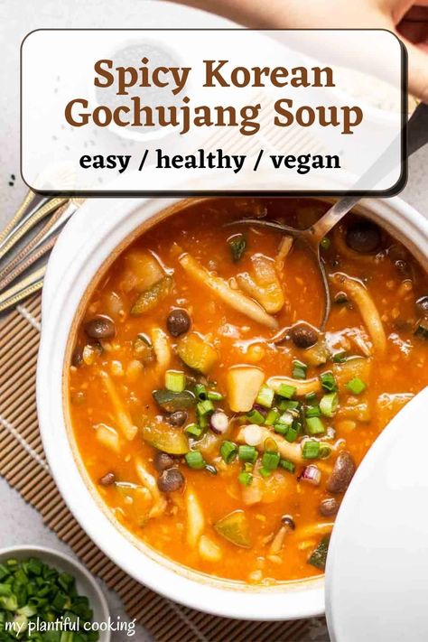 Korean Gochujang Soup (Gochujang Stew) Soondae Soup, Gochujang Stew, Gochujang Recipe Vegan, Gochujang Soup Recipe, Gochujang Noodle Soup, Vegan Gochujang Recipes, Gochujang Soup, Spicy Korean Soup, Gochujang Recipe