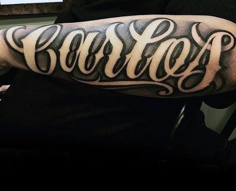 Guys Shaded Negative Space Lettering Forearm Name Tattoo Manly Design, Tattoo Nombres, Forearm Name Tattoos, Last Name Tattoos, Negative Tattoo, New Tattoo Styles, Negative Space Tattoo, Names Tattoos For Men, Tattoo Lettering Design