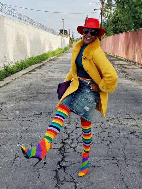 Rainbow Socks Outfit, Sabra Johnson, Easter Fits, Free Sprit, Rainbow Boots, Colorful Winter Outfits, Rainbow Belt, Red Fedora, Print Mixing