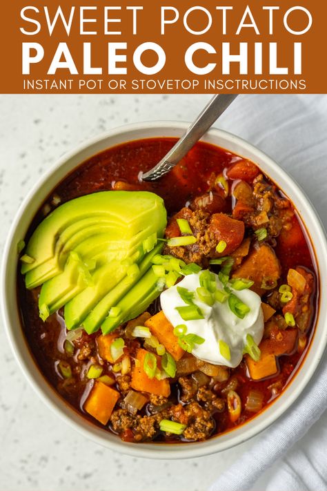 Use this Sweet Potato Paleo Chili recipe to make a delicious healthy chili in the instant pot or on the stovetop. This is also a Whole30 friendly chili recipe. Sweet Potato Paleo, Paleo Chili Recipe, Potato Chili Recipe, Whole30 Chili, Soft Tacos Recipes, Whole30 Sweet Potato, Sweet Potato Chili Recipe, Chili Without Beans, Stovetop Chili