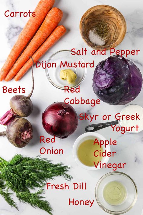 A zesty, colorful slaw featuring shredded red cabbage, carrots, beets and fresh dill tossed in a creamy yogurt-based dressing. Red Cabbage Slaw Recipes, Carrots And Beets, Carrots Beets, Cabbage Slaw Recipes, Greek Yogurt Dressing, Red Cabbage Slaw, Raw Beets, Creamy Yogurt, Food Health Benefits