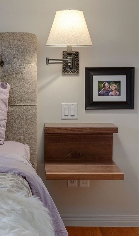 Wall Mounted Nightstand Farmhouse, Wall Mount Side Table Night Stands, Bedside Shelves Ideas, Floating Shelves Side Of Bed, Wall Light Above Bed, Floating Bedside Table Diy, Bedside Shelf Ideas, Bed Against Wall, Floating Bedside Shelf