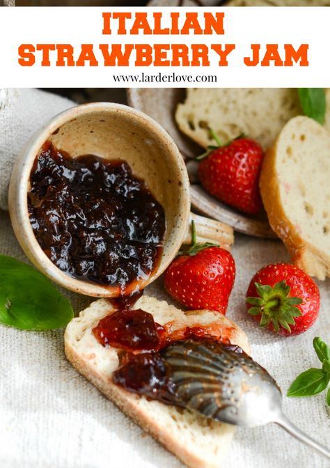 Strawberry Balsamic Jam, Strawberry Jam Combinations, Strawberry Basil Jam Recipe, Strawberry Basil Jam, Banana Jelly, Balsamic Peach, Homestead Crafts, Canning Jams, Strawberry Basil