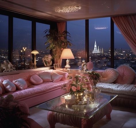 Apartment Aethstetic, 1980s Apartment, Interior Design Sitting Room, 80s Penthouse, 80s Apartment, Pink Interior Design, Ideas Decoracion Salon, 80s Luxury, 1980s Interior