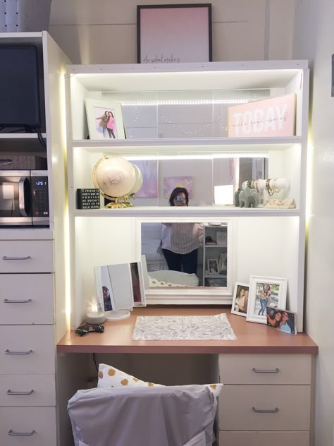 Dorm Mirror Ideas, Dorm Room Ideas Desk, Mirror Dorm Room, Dorm Bed Storage Ideas, Dorm Desk Mirror, Harding University Dorm, Dorm Room Bed Risers, Cool Dorm Rooms Beds & Bed Frames, Dorm Mirror