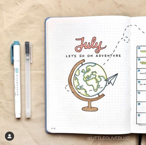 Adventure themed bullet journal cover page. July bullet journal theme ideas #bujo #bulletjournaling Bullet Journal Theme Ideas, Journal Theme Ideas, July Bullet Journal, Journal D'inspiration, Sea Inspiration, Journal Cover Page, Bullet Journal Month, Bullet Journal Cover, Bullet Journal Page