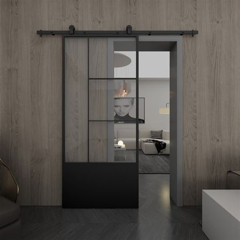 Colonial Elegance Opera Prefinished Barn Door with Hardware Kit - Clear Glass - 37-in x 84-in - Black Metal KMCTOPC-37BL | RONA Hollow Core Doors, Interior Sliding Barn Doors, Barn Door Kit, Glass Barn Doors, Metal Barn, Roller Doors, Privacy Glass, Door Kits, Wood Interiors