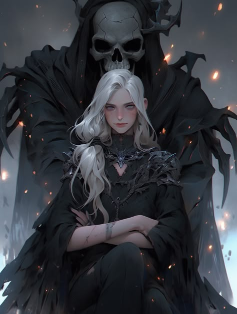 Silver Haired Character, White Hair Female Oc, Dark Queen Art, Undead Character Design, Necromancer Oc, Undead Queen, Midjourneyart Girl, White Haired Witch, Evil Woman