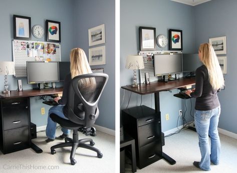 Diy Sit Stand Desk, Moving Desk, Sit And Stand Desk, Office Ergonomics, Sit To Stand Desk, Diy Standing Desk, Workspace Ideas, Cheap Office Furniture, Ikea Office