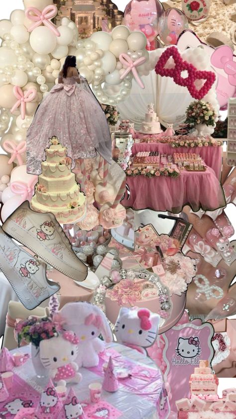 Quinceanera Pink Theme, Hello Kitty Quince, Hello Kitty Quinceanera, Pink Quince Theme, Quinceanera Dresses Blush, Quince Centerpieces, Quince Decor, Quince Themes, Quinceanera Pink