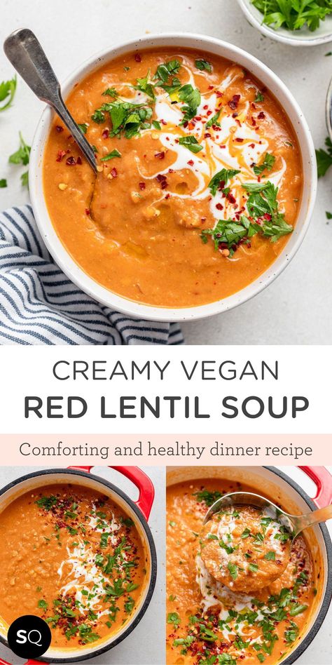 This easy Red Lentil Soup is creamy, hearty and made totally dairy-free, gluten-free and nut-free. It's loaded with veggies like carrots and tomatoes for a healthy weeknight dinner or lunch. Vegan Dinner Idea for Fall or Winter. Simply Quinoa Healthy Soup Recipes. Lentil Tortilla Soup, Red Lentil Pasta Recipes, Red Lentil Soup Recipe, Slow Cooker Vegetarian Chili, Pumpkin Stew, Vegan Lentil Soup, Delicious Soups, Slow Cooker Vegetarian, Simply Quinoa