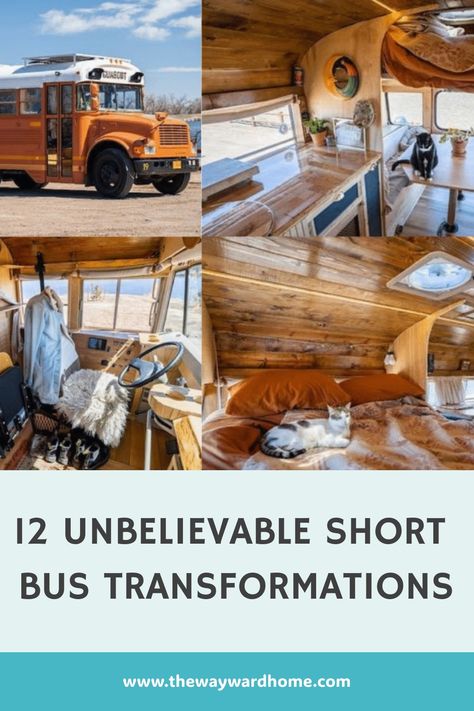 Who says small can't be stylish? Check out these genius short bus conversions for big inspiration! Short Bus Conversion Layout, Shuttle Bus Conversion Layout, Mini Bus Conversion, Short Bus Conversion Ideas, Short Bus Conversion, Bus Home Conversion, Short School Bus, Bus Rv Conversion, Caravan Home