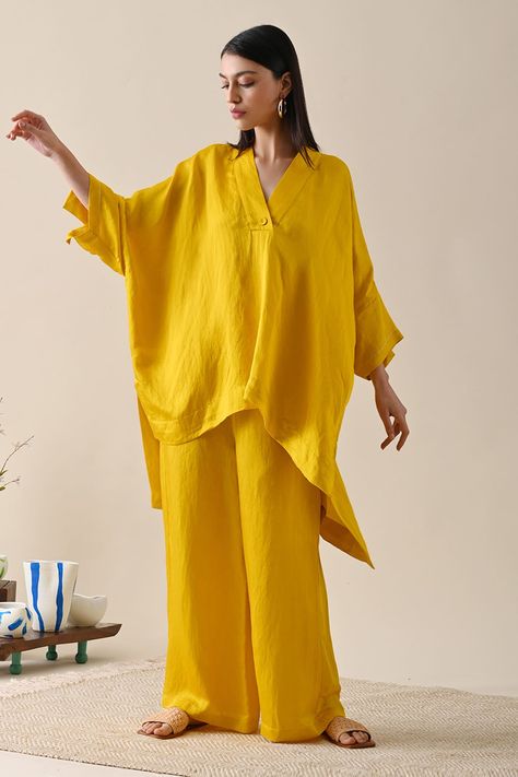 Shop for these amazing collections of Yellow Linen Satin Solid V Neck Vita Co-ord Set For Women by Kanelle online at Aza Fashions. Orange Linen Dress Outfit, Co Ords Set Design, Linen Dress Outfit, Coordinate Sets, Co Ords Outfits, Coord Sets, Blue Outfit, Co Ord Set, Set Outfit