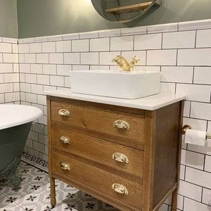 Bathroom Cabinet Upcycle, Vintage Wooden Bathroom Vanity, Wood Sink Bathroom, Summerhouse Bathroom, Wooden Vanity Bathroom, Bathroom Vanity Units Uk, Vanity Units Uk, Natural Wood Vanity, Timber Bathroom