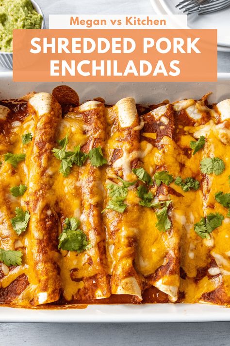 These pork enchiladas are an easy win. You cook the pork carnitas in a crockpot, it’s simple and the meat comes out flavorful. You take the shredded pork and add it to a tortilla with cheese. Roll up your tortillas, place them in a baking dish, and top with your favorite enchilada sauce and cheese. It’s that simple to make this recipe that the whole family will love. Pork Enchiladas Crockpot, Carnita Enchilada Recipe, Meals With Carnitas, Leftover Pulled Pork Recipes Enchiladas, Pork Loin Enchiladas, Shredded Pork Enchilada Casserole, Shredded Pork Mexican Recipes, Enchiladas Pork Easy, Shredded Pork Enchiladas Easy