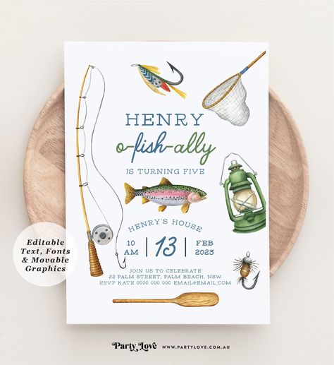 Fishing Birthday Party Invite, Fishing Party Invitations, Fishing Invitations, Fishing Theme Party, Fishing Birthday Party, O Fish Ally, Fishing Party, Fishing Birthday, Baby Boy Birthday