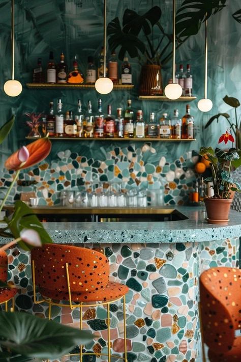 Chic Bar Backsplash Ideas to Elevate Your Space Retro Bar Interior Design, Bar Tiles Design, Tile On Bar Wall, Commercial Bar Ideas, Funky Bar Design, Fun Bar Ideas, Tile Backsplash Bar, Bar Mood Board, Cocktail Bar Interior Design