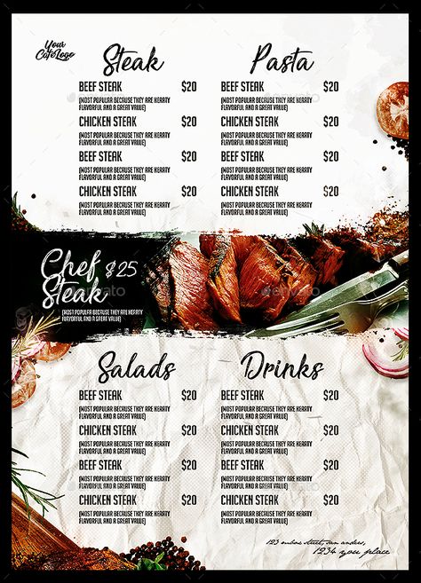 Steak House Menu #Affiliate #Steak, #spon, #House, #Menu Steak Menu Ideas, Steak House Design Restaurants, Steak Logo Design, Ribs Grill, Steak House Menu, Steakhouse Design, Design Produk, Steak Menu, Menu Board Design