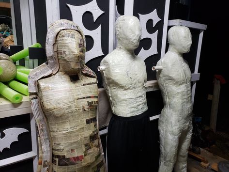 New foam mannequin on the right. Middle one dont 2 weeks ago and the paper mache mold on the left Mannequin Diy, Paper Mache Projects, Halloween Forum, Expanding Foam, Pvc Projects, Vbs 2024, Trim Work, Spray Foam, Spray Adhesive