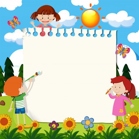 Nota de papel com crianças no jardim Vetor Premium | Free Vector #Freepik #vector #freefundo #freebandeira #freeflor #freefundo-abstrato School Wall Art Ideas, Powerpoint Background Templates, School Frame, School Wall Art, School Murals, Page Borders Design, Bible Stories For Kids, Background Powerpoint, Kids Background