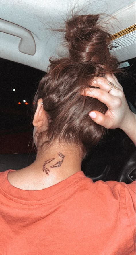 Pisces Lady Tattoo, Behind The Ear Pisces Tattoo, Pisces Neck Tattoo, Tattoos Behind Neck, Small Pisces Tattoos For Women, Fish Neck Tattoo, Pisces Finger Tattoo, Behind Neck Tattoo, Behind The Neck Tattoos