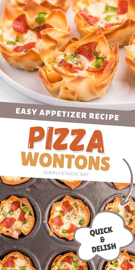 Won Tons Appetizers, Wonton Wrapper Recipes Dinner, Won Ton Wrapper Appetizers, Won Ton Recipes, Won Ton Wrapper Recipes, Pizza Wonton Cups, Pizza Wontons, Munchie Snacks, Wonton Wrapper Recipes Appetizers