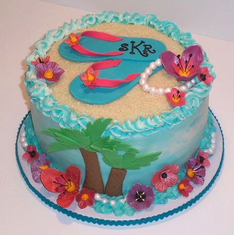 Beach cake Flip Flop Cakes, Beach Themed Cakes, Teen Cakes, Tea Party Cake, Ocean Cakes, Birthday Cakes For Teens, Beach Bridal Showers, Cake Bridal, Beach Cakes