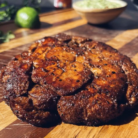 Argentinian Lions Mane Steak with Dijon Chimmichurri - Faraway Kitchen Vegan Lions Mane Steak, Lions Main Steak, Lions Mane Mushroom Steak Recipe, Lion Mane Mushroom Steak, Lions Mane Steaks, Lions Mane Taco Recipe, Lions Mane Sandwich, Fried Lions Mane Mushroom Recipe, Lion's Mane Mushrooms