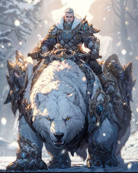 Male Warrior Fantasy Art, Fantasy Companion, Bear Rider, Fantasy Mounts, Pet Anime, Snow Bear, 동화 삽화, Bear Animal, Avatar Ideas