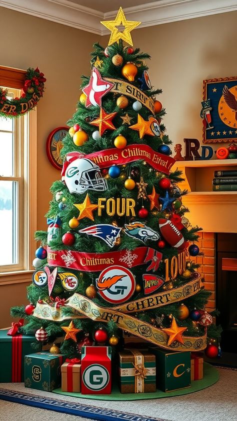 20+ Stunning Christmas Tree Theme Ideas to Transform Your Holiday Decor Football Theme Christmas Tree, Sports Themed Christmas Tree, Christmas Decoration Themes, Tree Theme Ideas, Christmas Tree Theme Ideas, Theme Christmas Tree, Christmas Tree Theme, Tree Theme, Icicle Ornaments