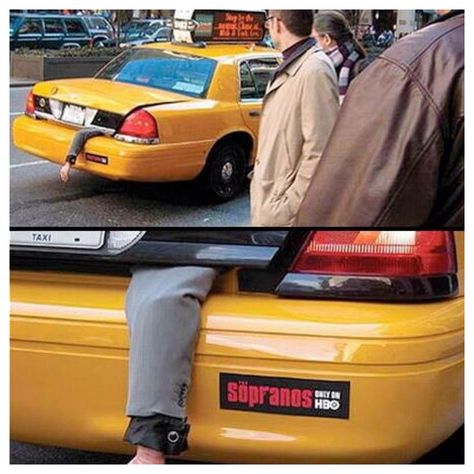 The Sopranos taxi ad. Clever! Guerilla Marketing Examples, Morbider Humor, Marketing Campaign Design, Guerrilla Advertising, Funny Commercial Ads, Movie Ads, Guerrilla Marketing, Clever Advertising, Funny Commercials