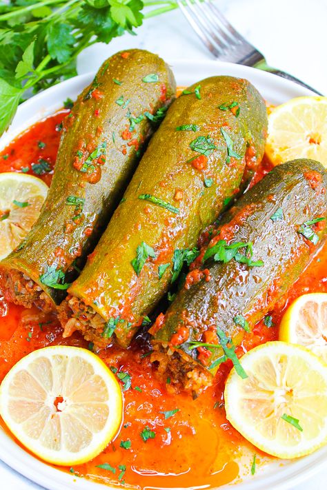 STUFFED ZUCCHINI - Maral in the Kitchen Lebanese Stuffed Squash, Stuffed Zucchini Middle Eastern, Middle Eastern Zucchini Recipes, Lebanese Stuffed Zucchini, Middle Eastern Stuffed Zucchini, Lebanese Zucchini Recipes, Zuccinni Recipe, Stuffed Zucchini Recipes, Baked Stuffed Zucchini