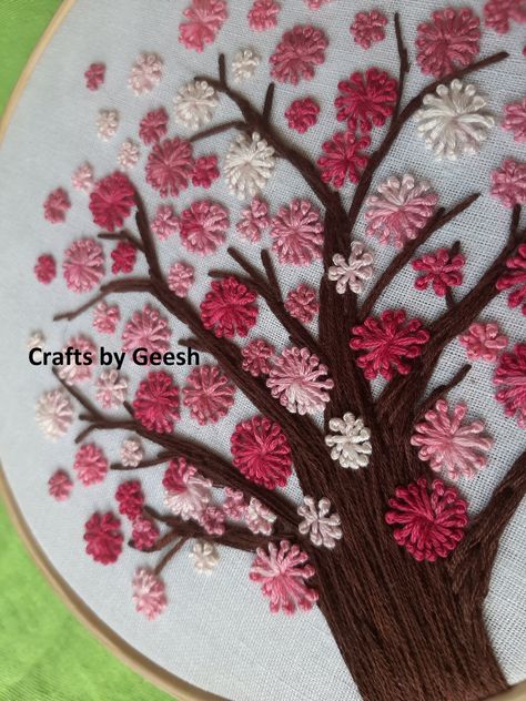 Pistil Stitch Embroidery Designs, Pistil Stitch Embroidery, Tree Hand Embroidery, Pistil Stitch, Tree With Leaves, Flower Trees, Tree Embroidery, Textile Art Embroidery, Stitch Flowers