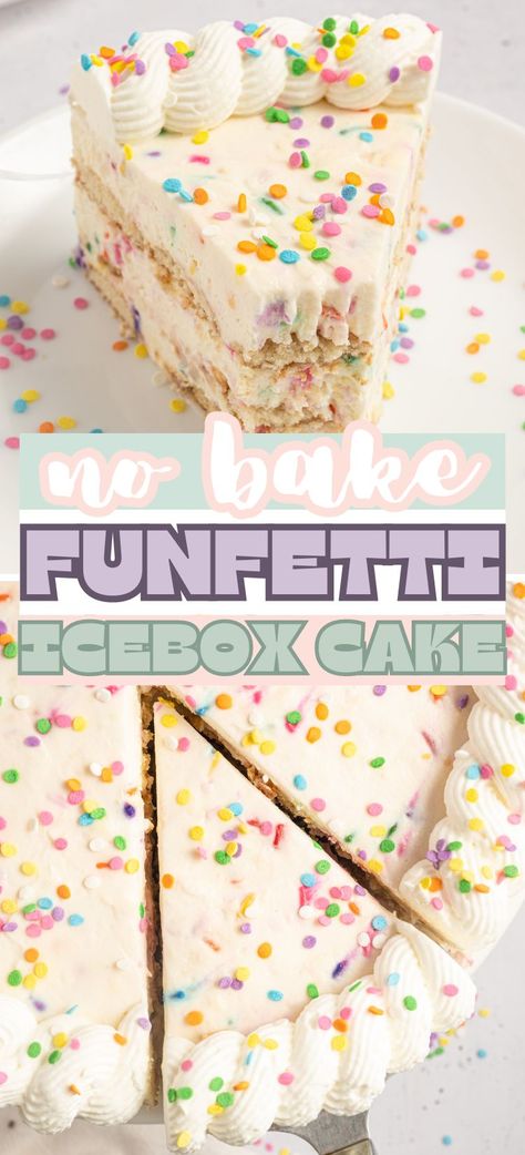 Funfetti Icebox Cake is a party in a layered no bake dessert! Vanilla wafers, sweetened whipped cream, instant pudding, and colorful rainbow sprinkles make this birthday cake flavored icebox cake so fun and colorful. Icebox Birthday Cake, Funfetti Ice Cream Cake, No Bake Birthday Cake, Funfetti Cake Recipe, Desserts Brownies, Icebox Cakes, Ice Box Cake, Baking Recipes Pie, Boxed Cake Mixes Recipes