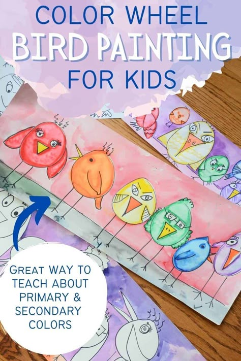 Bird Lessons For Kids, Primary And Secondary Colors Art Project, Simple Bird Painting, Color Theory Art Lessons, Color Theory Projects, Color Vocabulary, Color Wheel Art Projects, Color Art Lessons, Colorful Art Projects