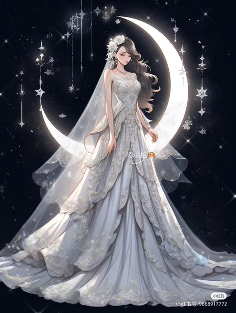 Moon Gown Aesthetic, Fantasy Moon Dress, Anime Wedding Dress Art, Moon Dress Drawing, Moon Dress Aesthetic, Moon Dress Gowns, Moon Goddess Outfit, Moon Goddess Dress, Ethereal Dress Goddesses