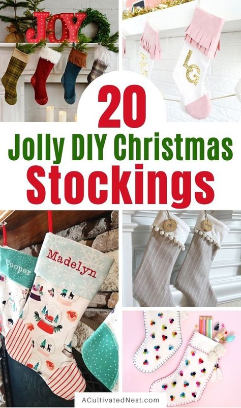 20 Jolly DIY Christmas Stockings- Make your Christmas stockings personalized this year with these easy tutorials for how to make DIY Christmas stockings! These are great projects for all levels of sewing skill! | #homemadeChristmasStockings #ChristmasSewing #diyProjects #ChristmasStockings #ACultivatedNest Diy Stocking Decorating Ideas, Sweater Christmas Stockings, Diy Christmas Stockings, Easy Christmas Stockings, Diy Christmas Canvas, Striped Christmas Stocking, Sewing Beginners, Christmas Decs, Decorated Stockings