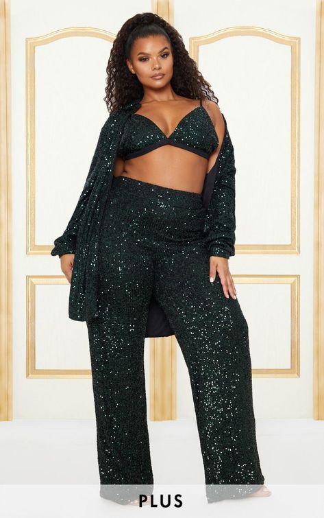 Plus Emerald Green Sequin Wide Leg Trousers | PrettyLittleThing Women Plus Size Outfits, Plunge Bodycon Dress, Sequin Set, Plus Size Women Fashion, Leslie Sidora, Summer Outfits Plus Size, Summer Outfits Plus, Faux Fur Hooded Coat, Wedding Dresses Plus