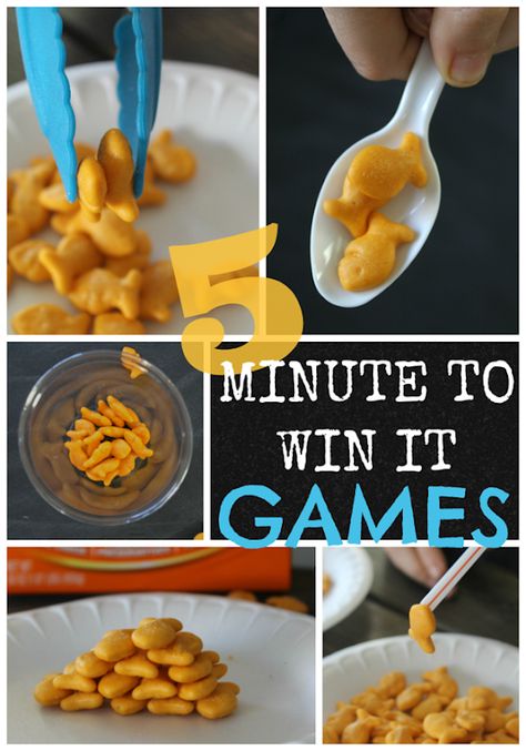 5 Minute to Win It Games @ GingerSnapCrafts.com #games #goldfish Olympic Minute To Win It Games For Kids, Minute To Win It Food Games, Food Minute To Win It Games, Candy Minute To Win It Games, Simple Minute To Win It Games, Goldfish Game, Fishing Party Games, Food Games For Kids, Games For Groups