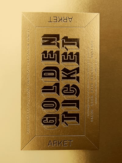 Arket golden ticket gif Event Ticket Design, The Golden Ticket, Golden Ticket Design, Gold Ticket Design, Gala Ticket Design, Golden Ticket Invitation, Groomsman Invite, Gold Ticket, Fashion Show Invitation