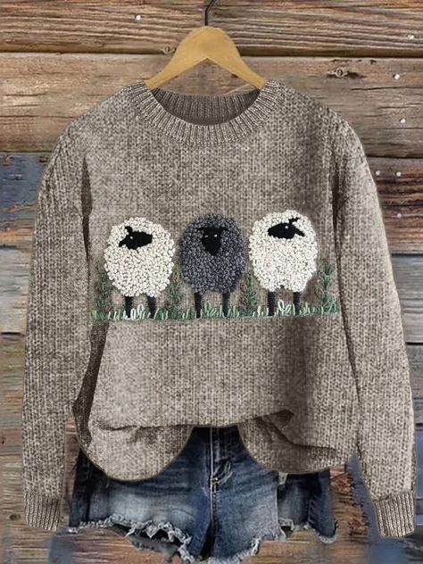 Vchics Sheep Embroidery, Sheep Print, Fluffy Sheep, Cozy Knit Sweater, Grey Knit Sweater, Cozy Knit, Cozy Sweatshirts, Halloween Women, Winter Knits