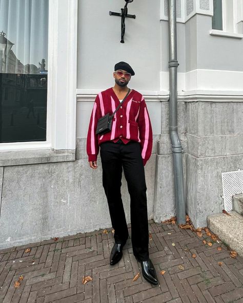 Outfit Ideas Pink, Men Outfit Ideas, Vintage Street Fashion, Crazy Outfits, Red Fits, Mens Fashion Streetwear, Mens Fashion Fall, Red Cardigan, Street Style Paris