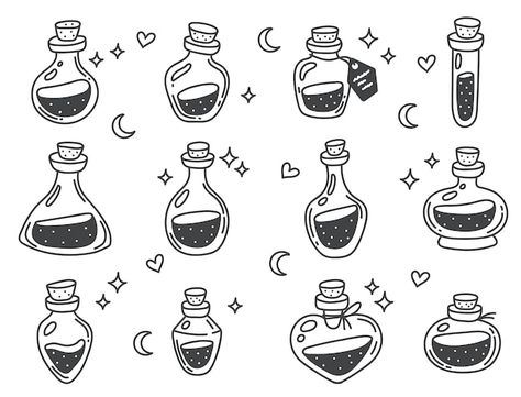 Potion alchemy jar bottle mystic glass l... | Premium Vector #Freepik #vector #potion-bottle #magic-potion #elixir #potion Potions Drawing, Potion Bottles Drawing, Glass Line Art, Aa Logo, Bottle Drawing, Bottle Tattoo, Line Art Style, Potion Bottles, Magic Potion