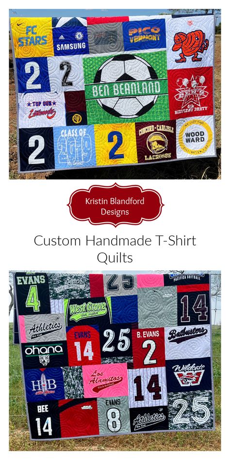 Custom T-Shirt Memory Quilts Handmade out of your treasured tee shirts, Graduation Gift, Birthday Christmas Mother's Day Father's Day, Graduation Gift, Unique Keepsake, Memorial Quilt, Sports Jersey Uniforms Athletic Team Shirts, Modern Contemporary Quilts, Blanket, Mosaic Random Big Block Pattern, Personalized Blanket Made from T-Shirts, Lap Throw Twin Size Quilts by Kristin Blandford Designs Jersey Blanket Shirt Quilts, Twin Size Quilts, Jersey Blanket, Memorial Quilt, Quilts Handmade, T Shirt Quilts, Senior Stuff, Shirt Quilts, Memory Quilts