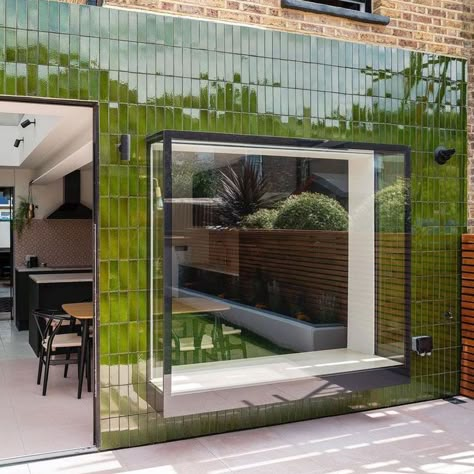 Glazed Brick Extension, Tiled House Exterior, Green Glazed Brick, Green Glass Brick, Glazed Brick Facade, Pink Terrazzo Tile, Tiled House, Glazed Bricks, Tile Facade